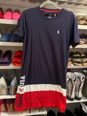 Polo Ralph Lauren Navy Blue Pullover Tee Shirt Dress with Red Trim